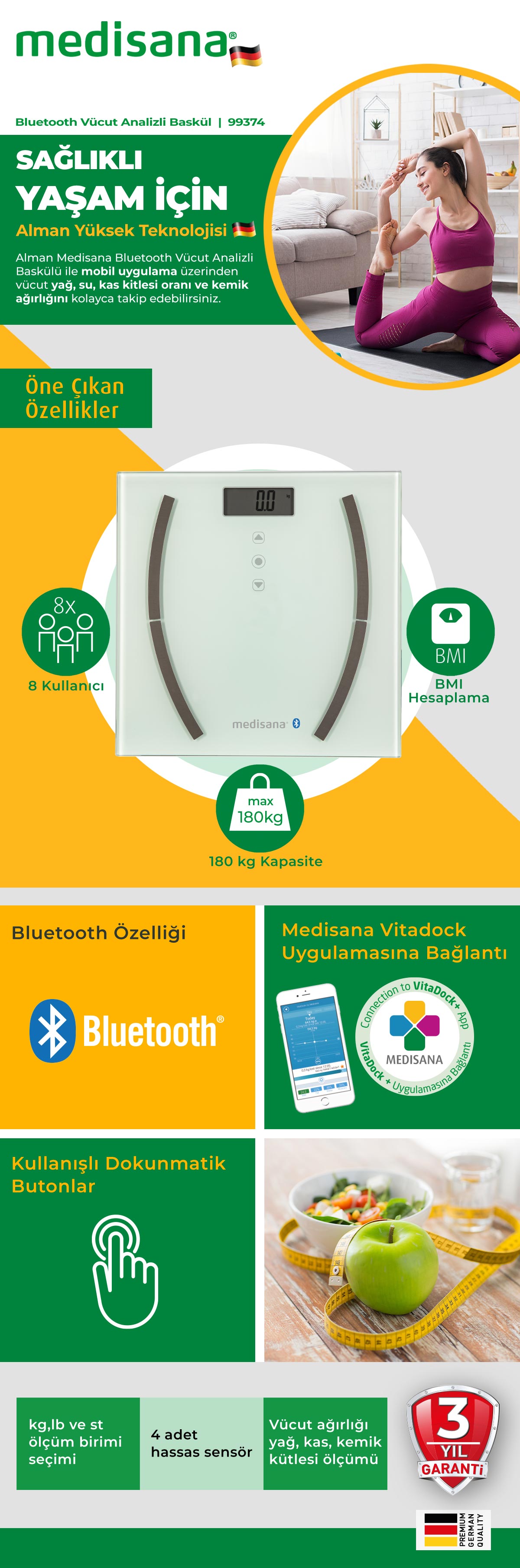 Vücut Analizli Cam Akıllı Tartı Bluetooth